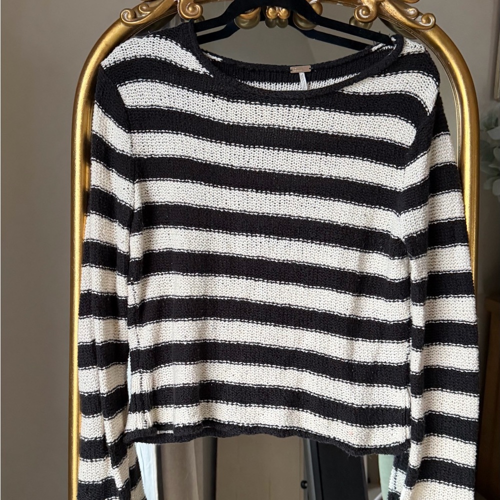 Free People Black and White Striped Crewneck Sweater